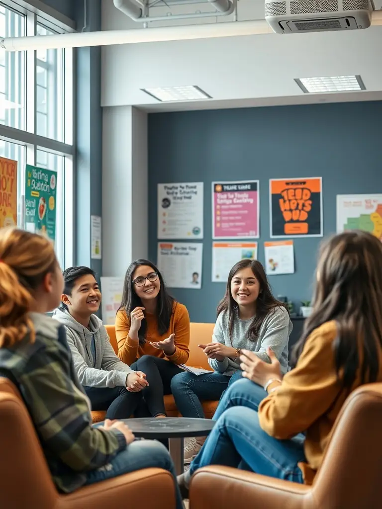 A young adult leader is enthusiastically leading a small group discussion with high school students in a brightly lit, modern youth center. The atmosphere is engaging and interactive, with students actively participating.