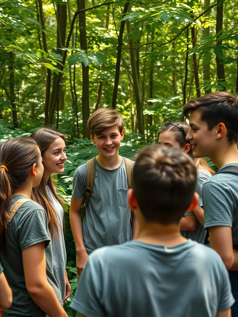 A diverse group of teenagers are participating in a team-building exercise outdoors, laughing and collaborating to solve a problem. The setting is a sunny park with trees in the background.