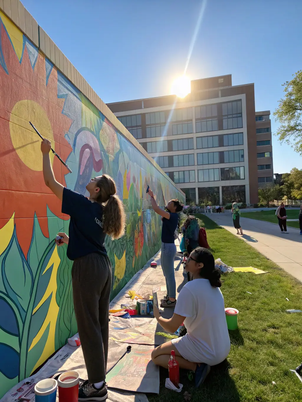 A youth group is actively involved in a community service project, painting a mural on a building wall with guidance from their youth leader. The scene is vibrant and full of positive energy.